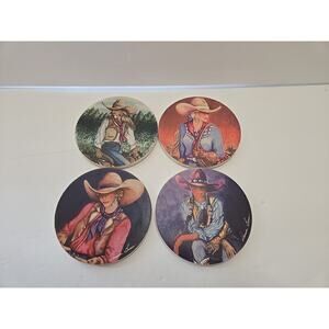 Doreman Burns Table Coasters Cowgirl Print, Signed, Western Decor "Painted Set 4